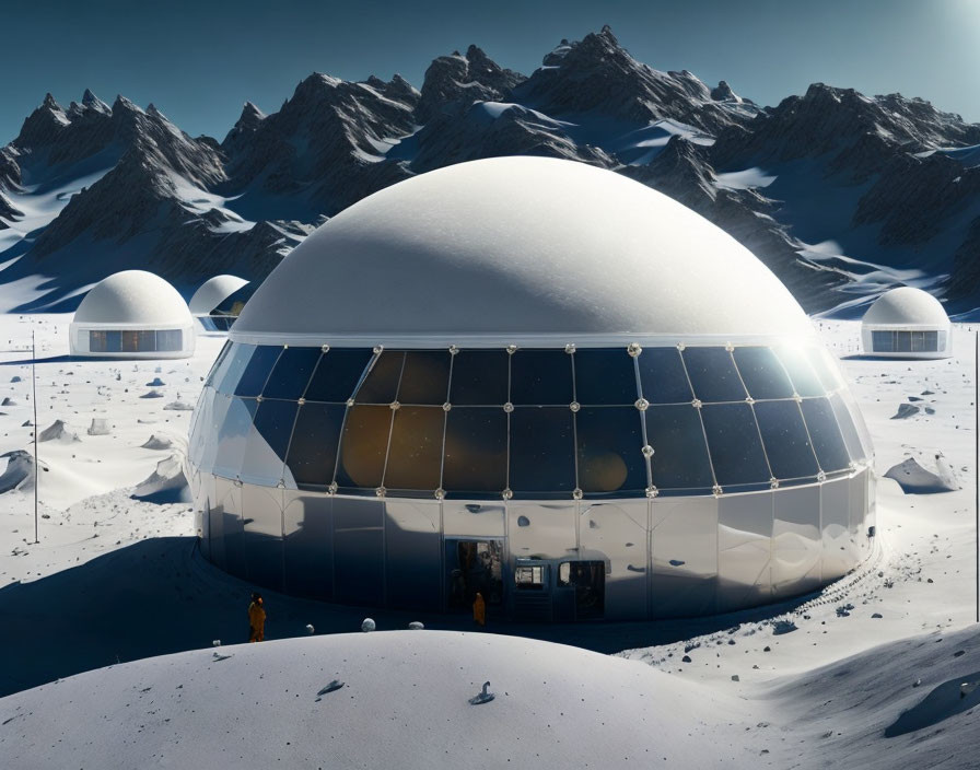 Futuristic dome structure in snowy mountain landscape with yellow-suited people.