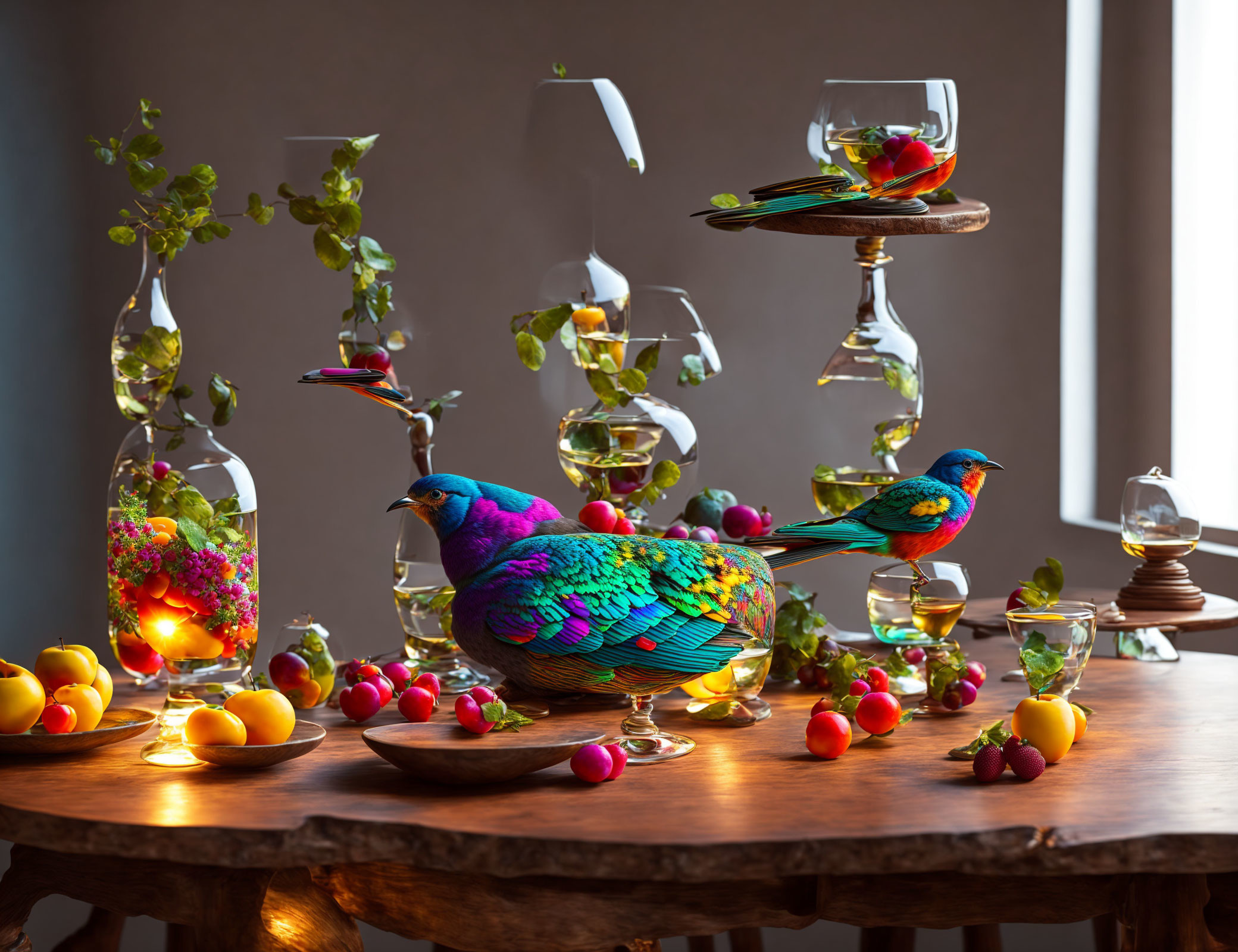 Colorful Birds, Wine Glasses, Fruits, and Candles on Wooden Table