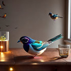 Colorful Birds, Wine Glasses, Fruits, and Candles on Wooden Table