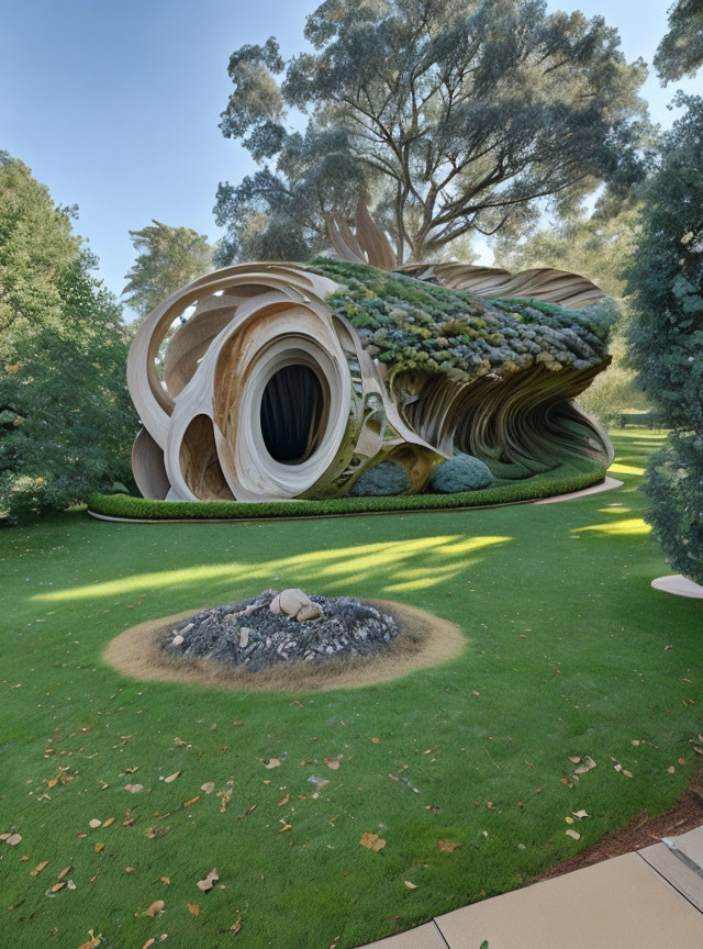 Organic shell-like building with swirling wooden architecture in lush garden