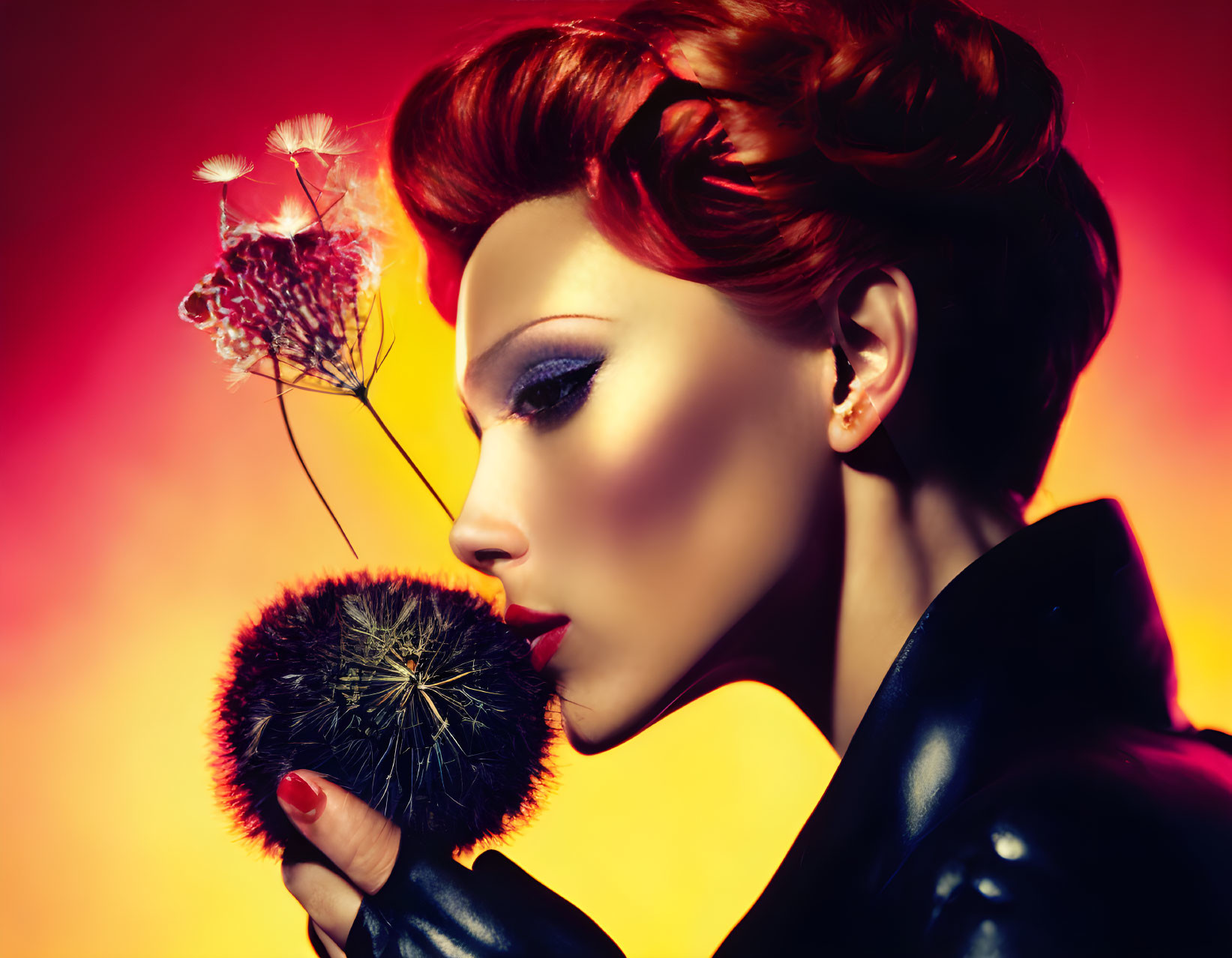 Red-haired woman in updo holding dandelion on vibrant background