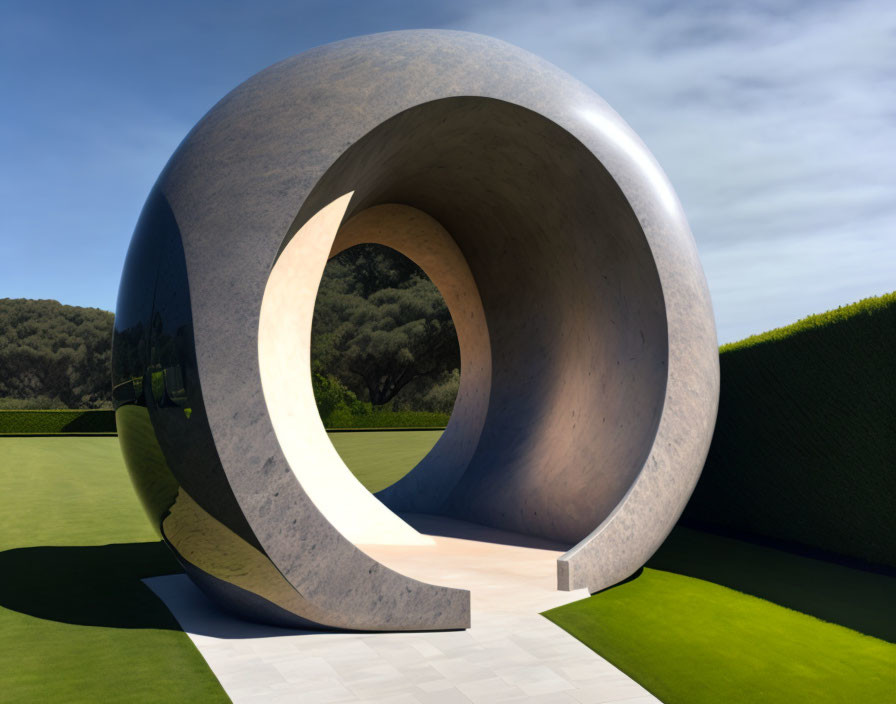 Circular Stone Sculpture with Crescent Cut-Out in Grassy Area