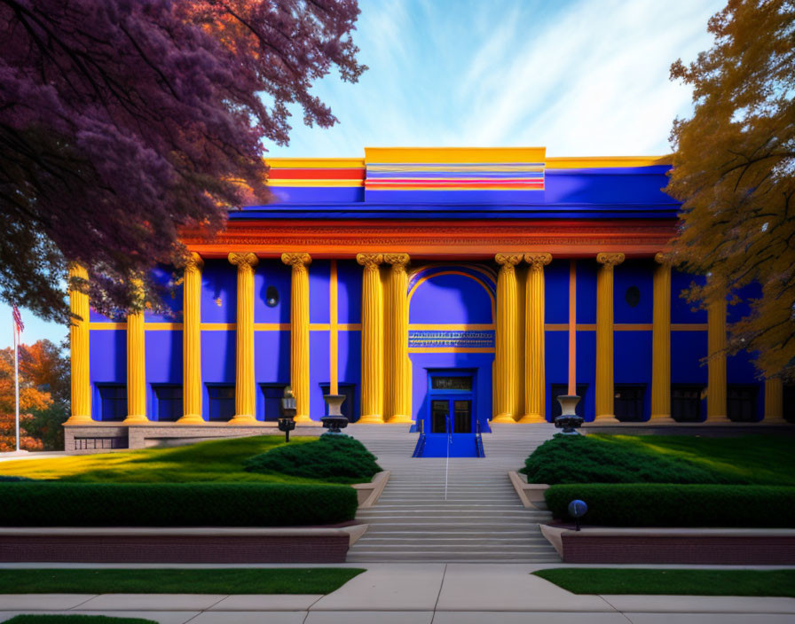 Colorful Neoclassical Building with Blue and Yellow Hues