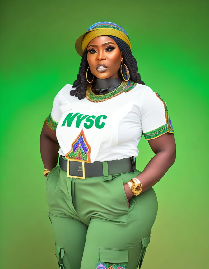 Confident woman in white and green NYSC uniform with accessories on vibrant green background