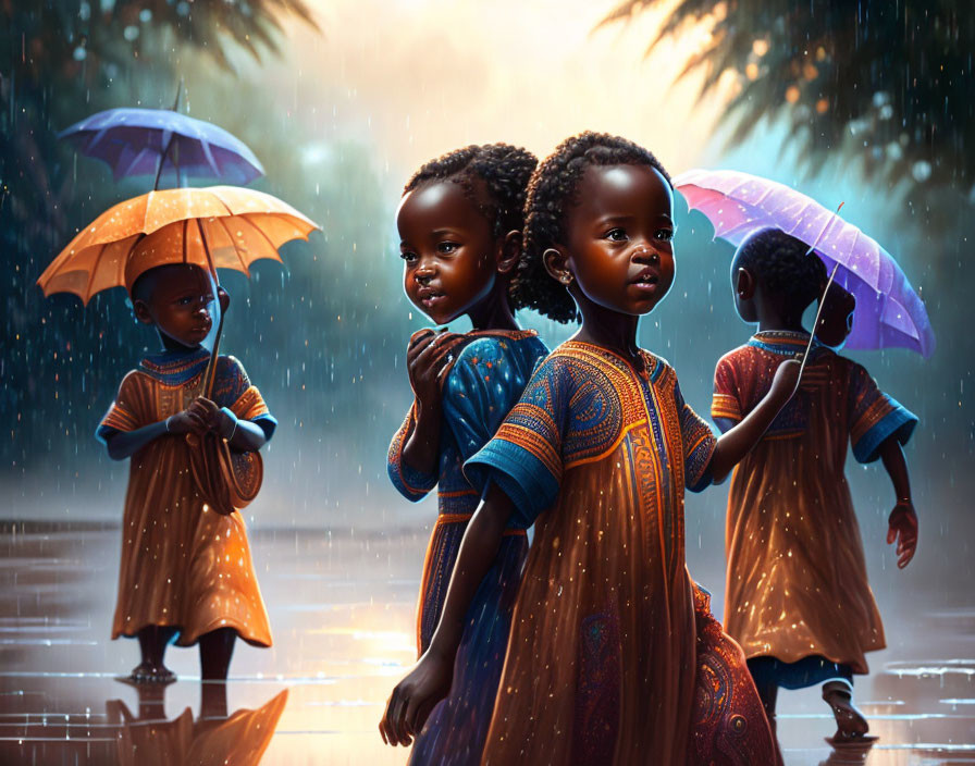 Four Children in Traditional Attire with Umbrellas Standing in Rain