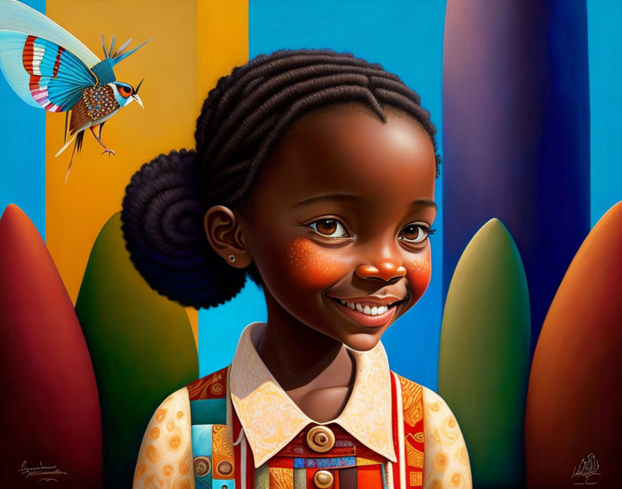 Smiling Girl with Braided Hair and Colorful Bird in Vibrant Digital Painting