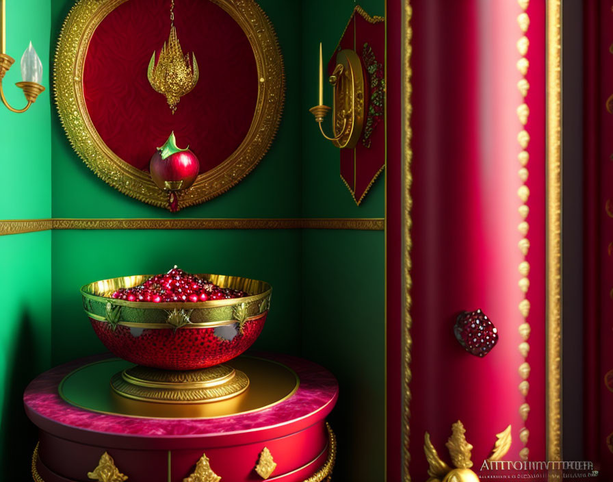 Opulent Interior with Pomegranate Bowl & Golden Accents