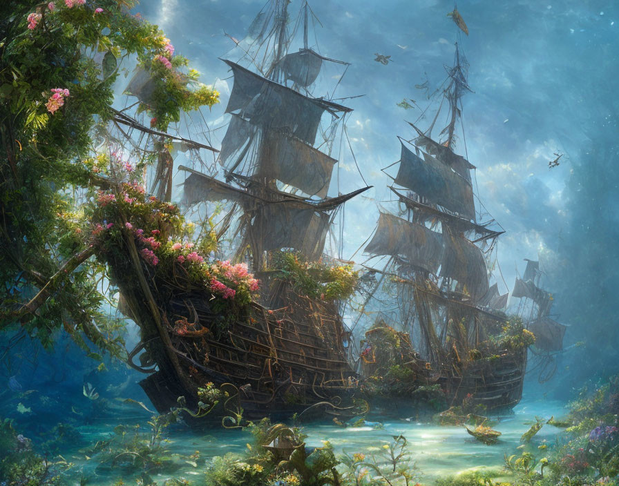 Ancient overgrown ships in tranquil underwater forest scene