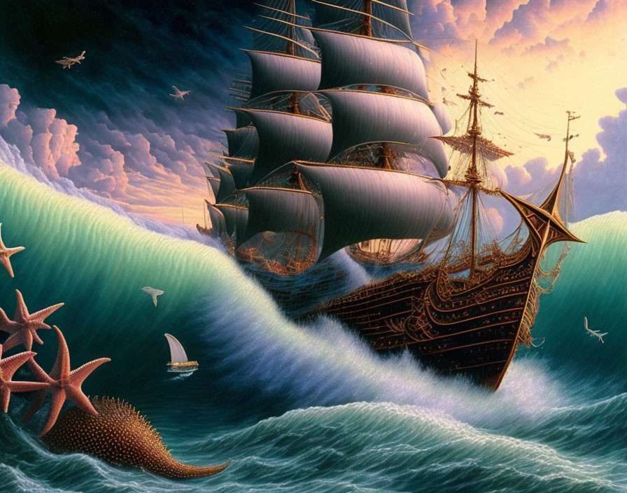 Surreal tall ship painting with starfish, fish, and setting sun