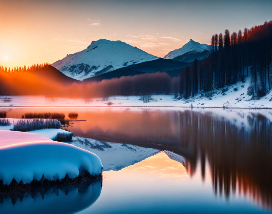 Tranquil snow-covered landscape at sunrise with mist, orange sky, pine tree silhouettes.