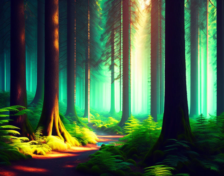 Lush forest with towering trees and green moss under sunlight