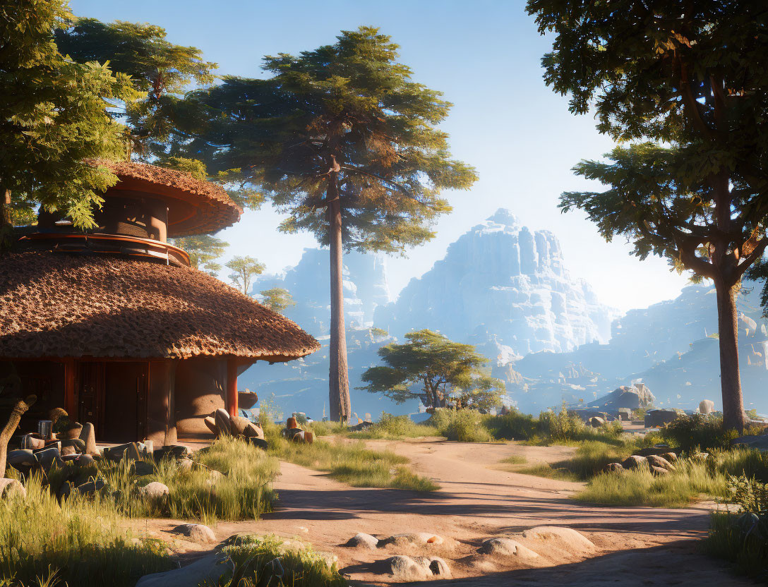 Tranquil forest scene with thatched-roof building and winding path