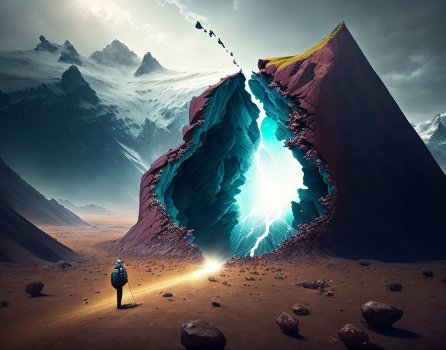 Surreal split mountain with lone figure and blue energy beam