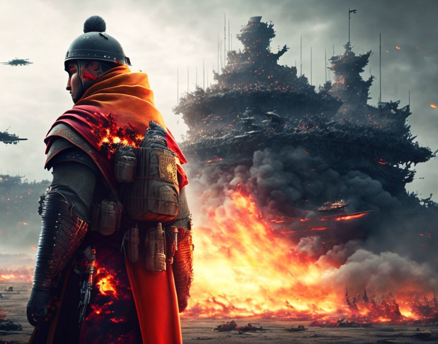 Knight in red cloak observes fiery battlefield with explosions and smoke.