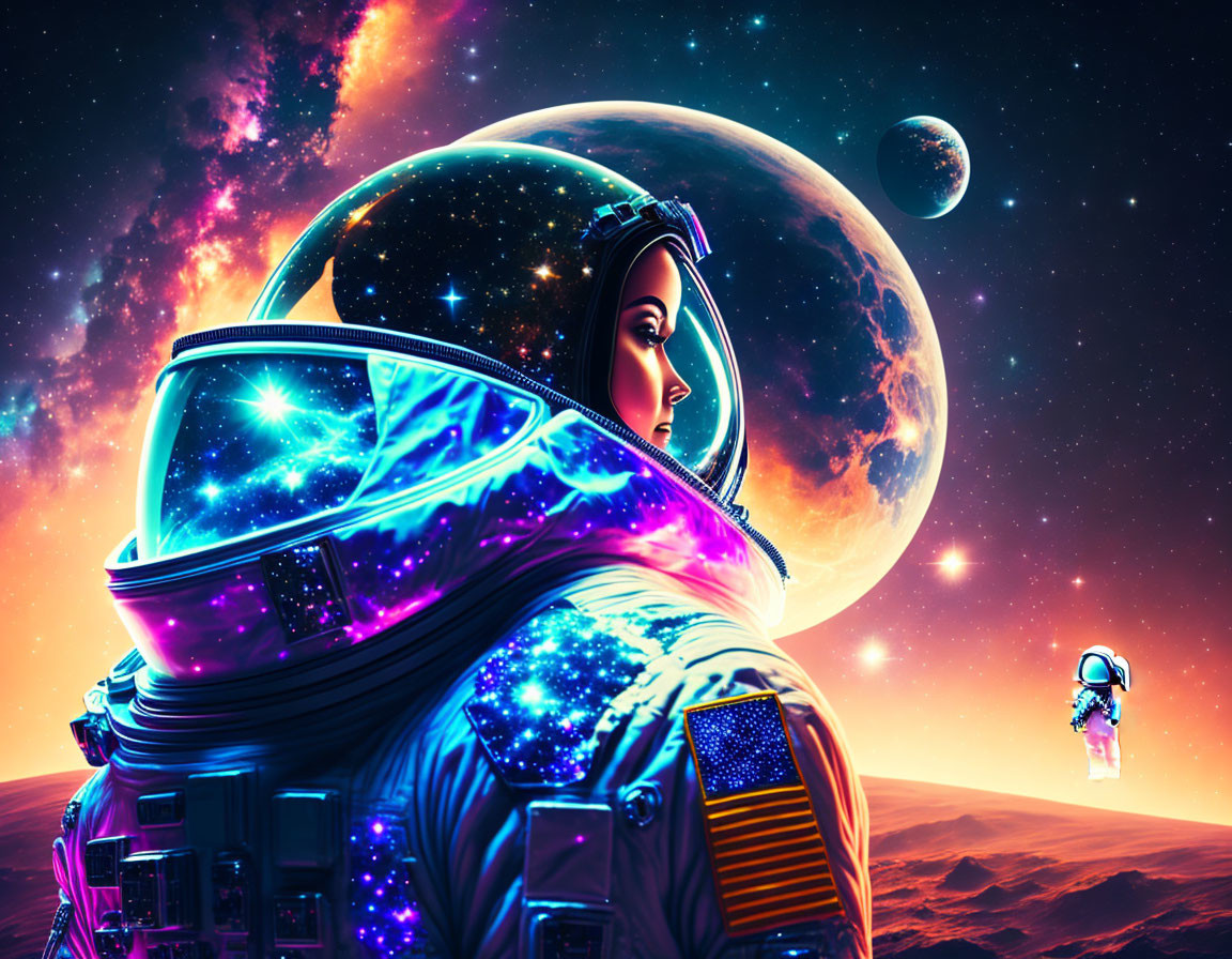 Colorful Astronaut Illustration with Galaxy Helmet and Cosmic Background