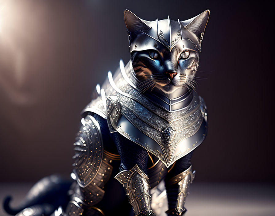 Detailed digital artwork of a cat in medieval knight armor