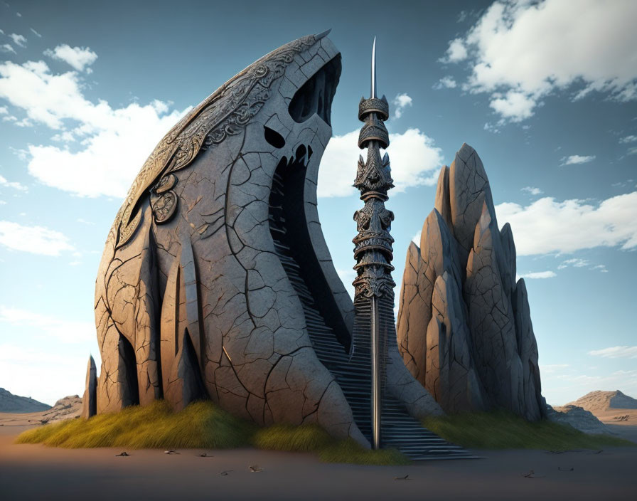 Fantastical towering structure with spiral staircase in stone skull desert setting