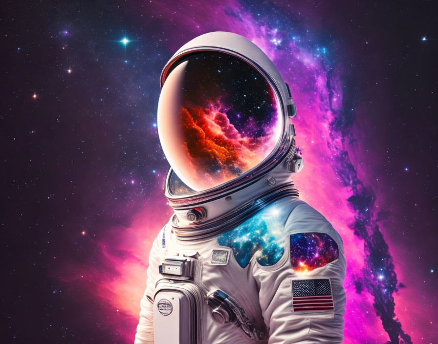 Astronaut in Spacesuit with Reflective Helmet Visor and Cosmic Nebula