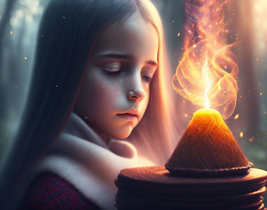 Young girl with closed eyes holding magical flame in mystical forest