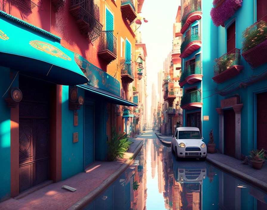 Vibrant narrow street scene with colorful buildings, parked car, and wet cobblestones.