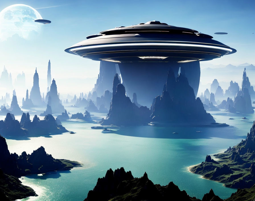 Large UFO hovers over serene lake and rock formations in futuristic scene