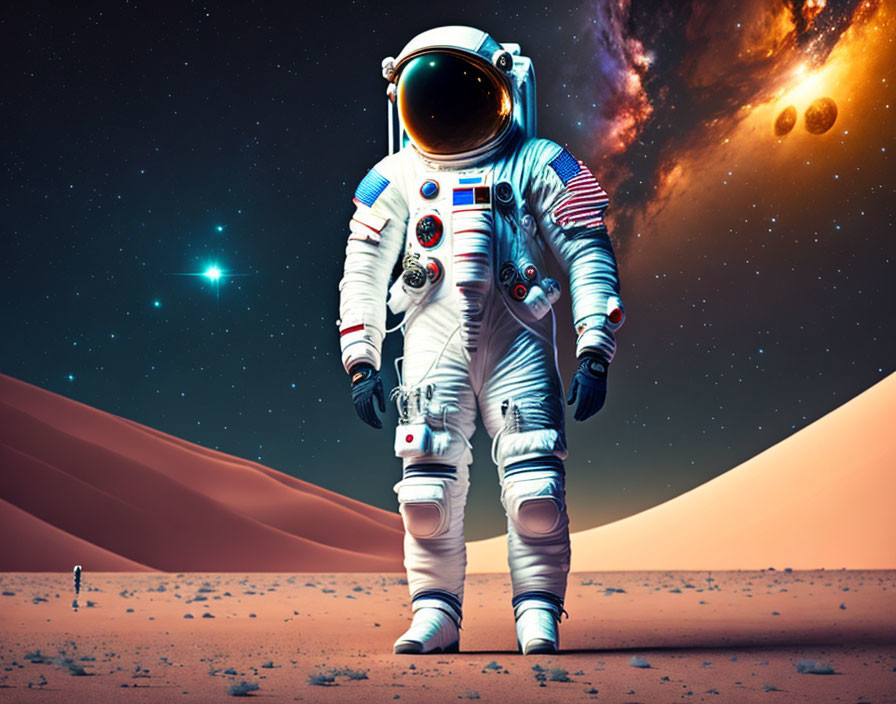 Astronaut in spacesuit on red alien planet with stars in background