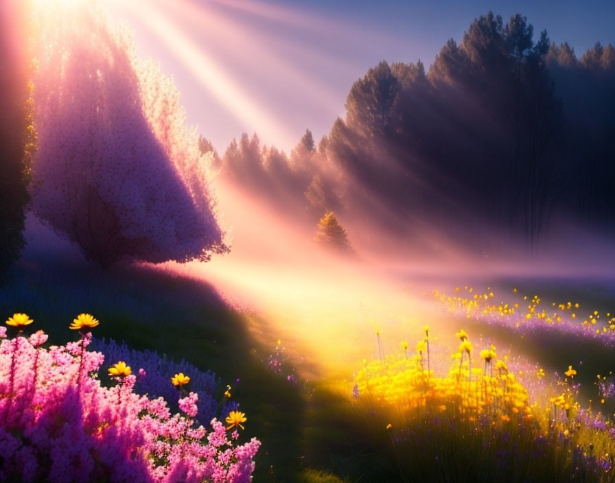 Colorful sunrise with sunbeams through trees on flower-filled meadow