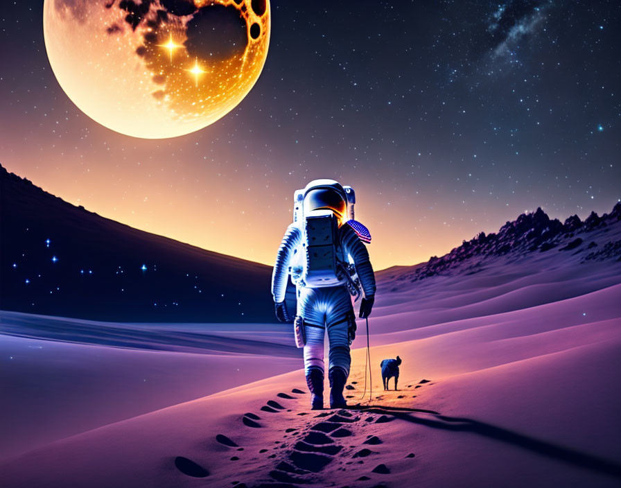 Astronaut walking with dog on sandy terrain under starry sky