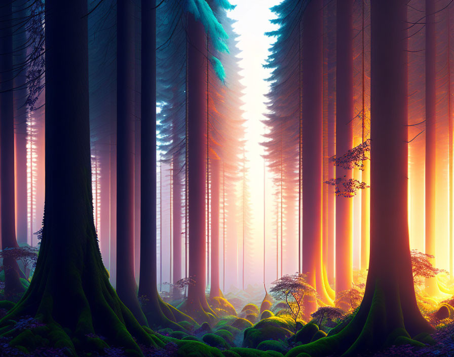 Mystical Forest with Towering Trees and Sunlight Glow