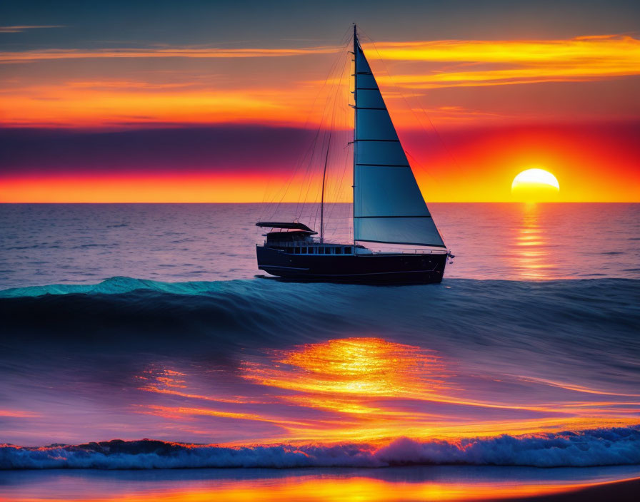 Sailboat sailing under vibrant sunset sky