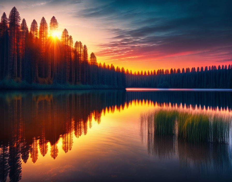 Tranquil Lake Sunset with Silhouetted Pine Trees