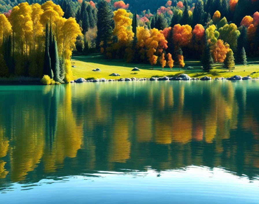 Tranquil lake mirrors colorful autumn trees