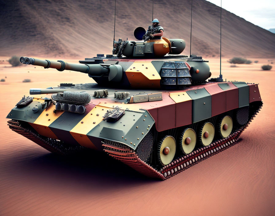 Futuristic tank with intricate camouflage in desert setting