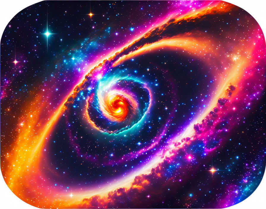 Colorful Spiral Galaxy with Swirling Stars and Nebulae in Pink, Orange, and Blue