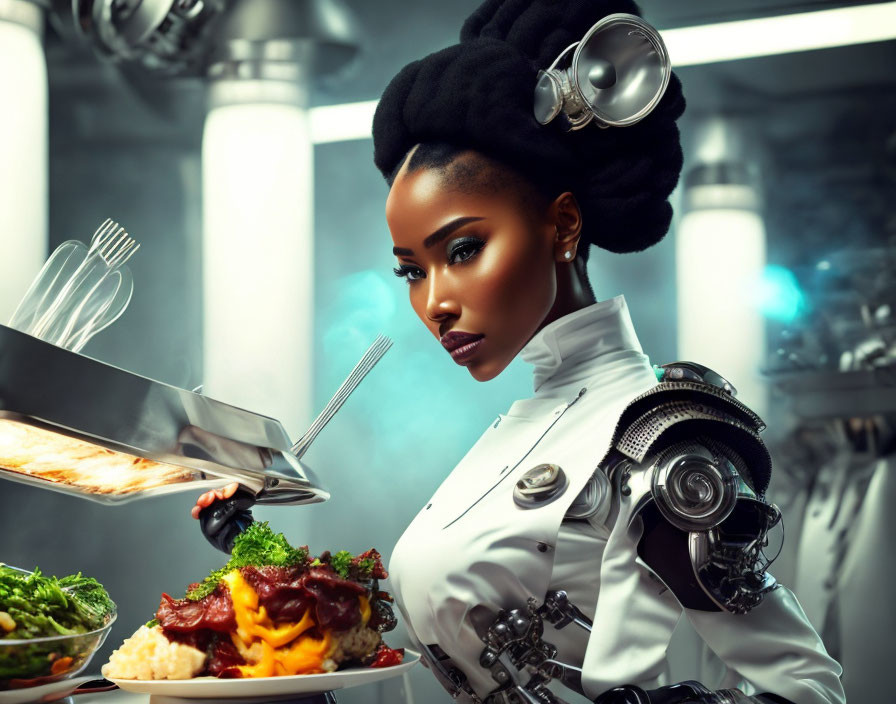 Avant-garde hairstyle woman serving dish in futuristic robotic kitchen