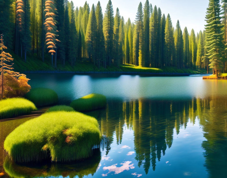 Tranquil lake with lush greenery and pine trees under clear blue sky