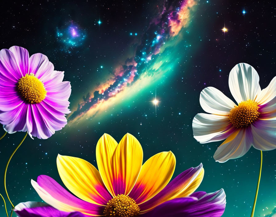 Colorful flowers with cosmic backdrop of stars and nebulae