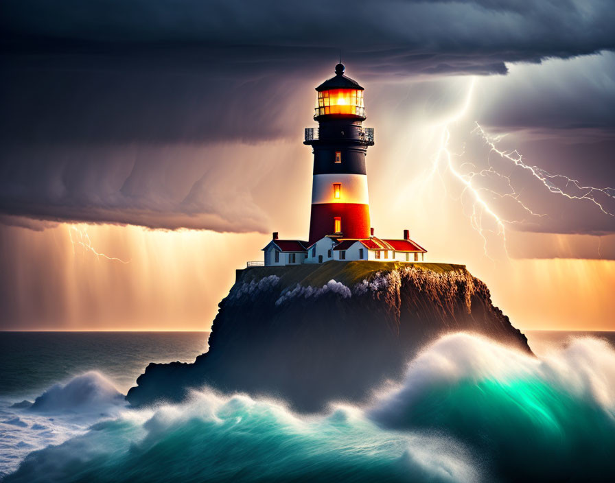 Dramatic lighthouse on cliff with lightning strikes and rough sea waves