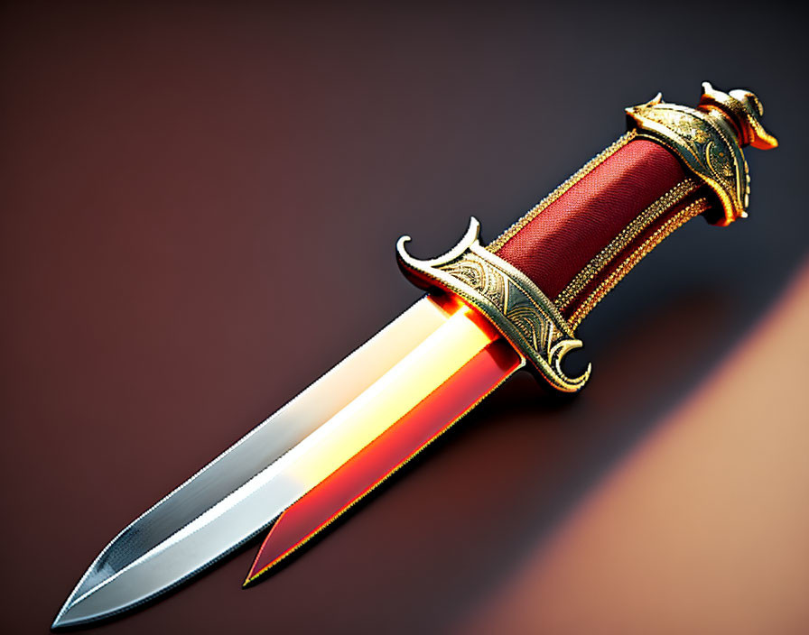 Red and gold ornate dagger glowing with warm light