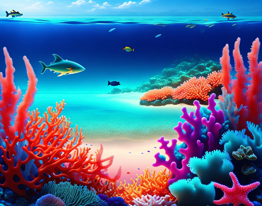 Vibrant Coral Reef with Diverse Fish in Clear Blue Ocean