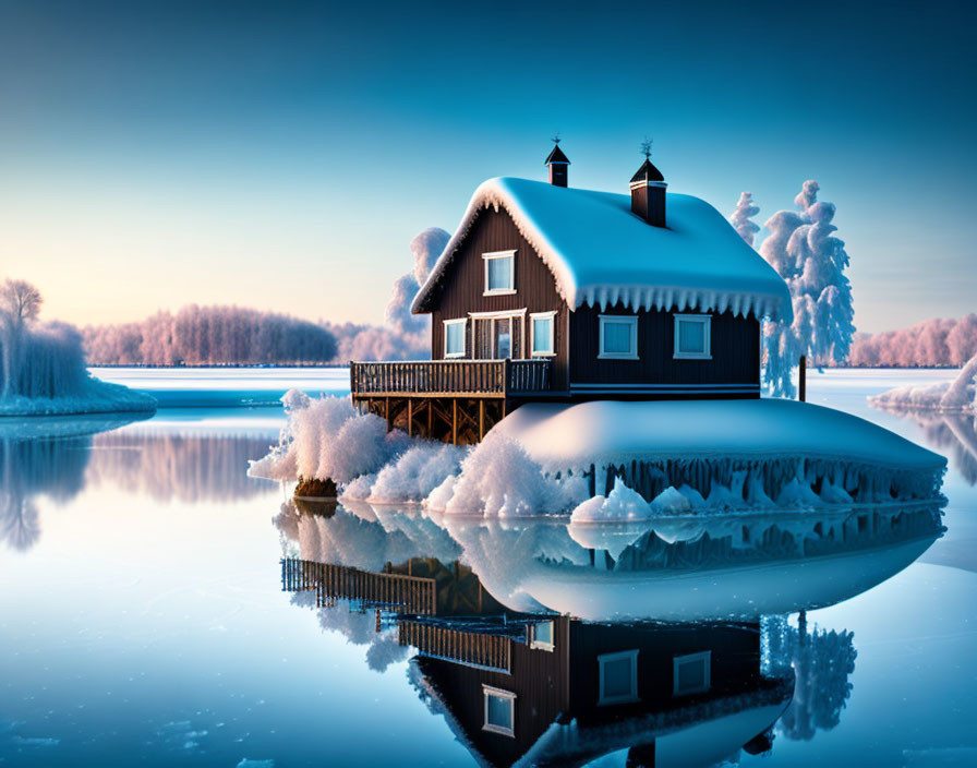 Snow-covered cabin by reflective lake in serene winter scene