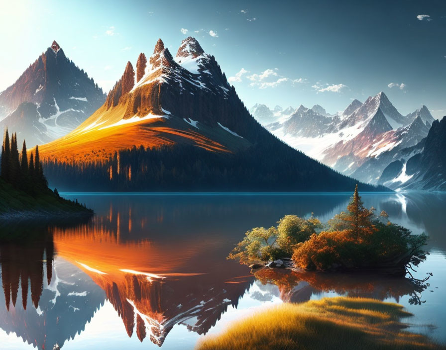 Tranquil lake with golden-lit mountains and evergreens