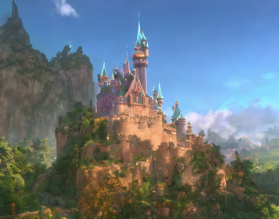 Majestic castle on hill in lush greenery with mist under blue sky