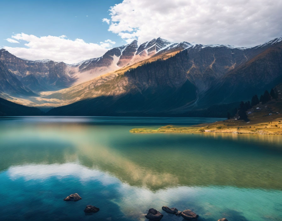 Tranquil Mountain Lake with Turquoise Waters & Snowy Peaks