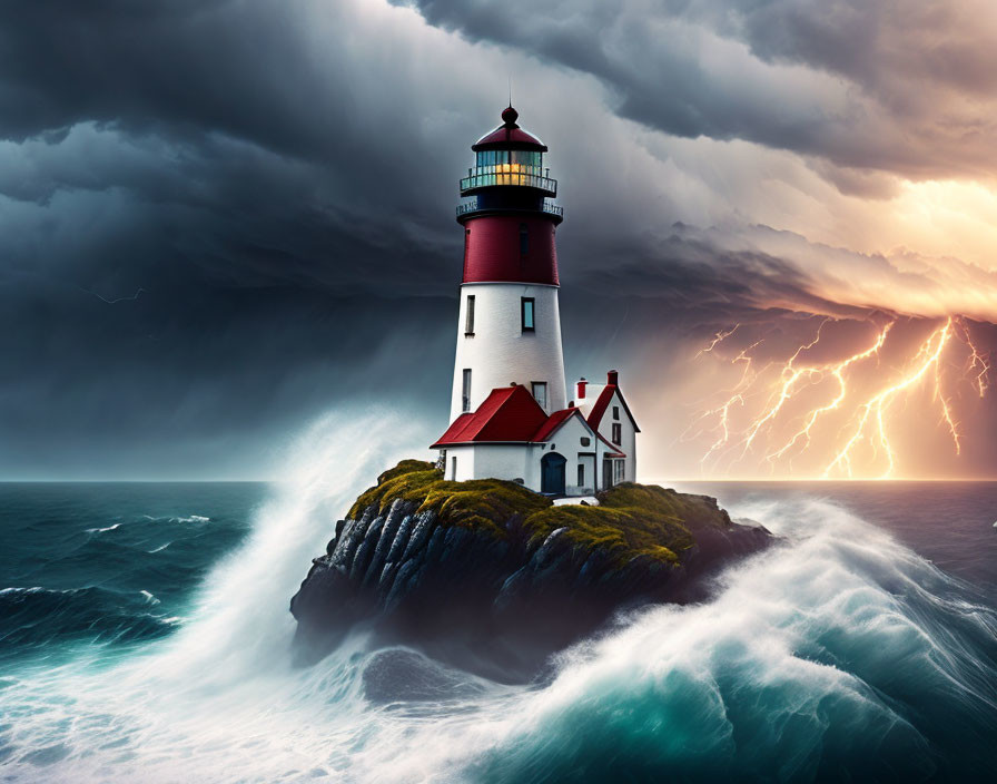 Dramatic storm at sea with lightning striking lighthouse