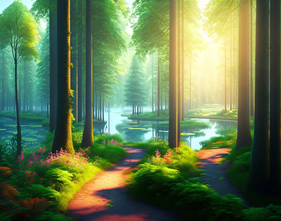 Tranquil forest landscape with sunrays, flowers, and lake