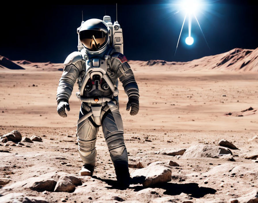 Astronaut walking on Mars-like terrain with rocks and dust under bright sky