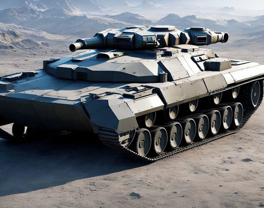 Futuristic tank with multiple gun turrets in barren desert landscape