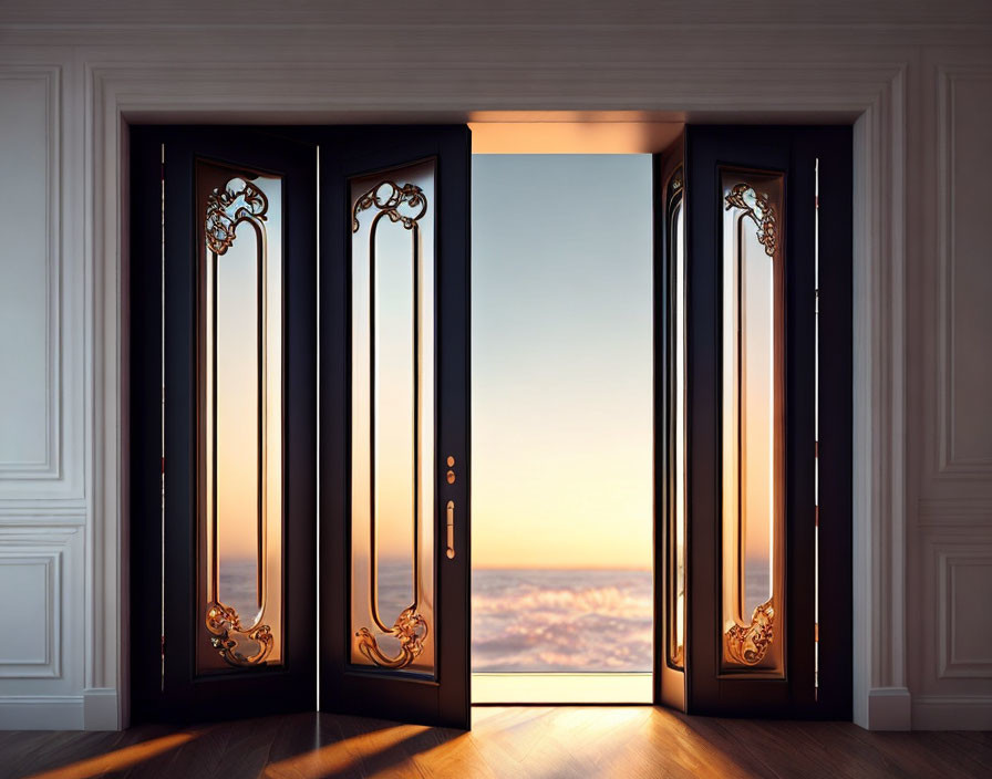 Ornate double door opening to sunrise/sunset view above clouds from room with wooden floors