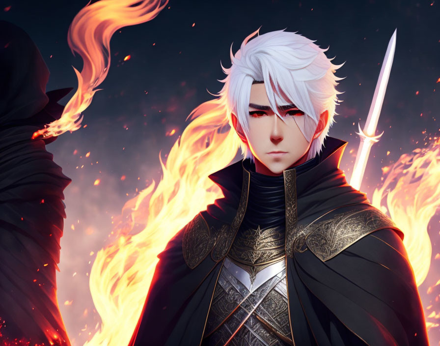 Silver-Haired Animated Character with Sword in Fiery Scene